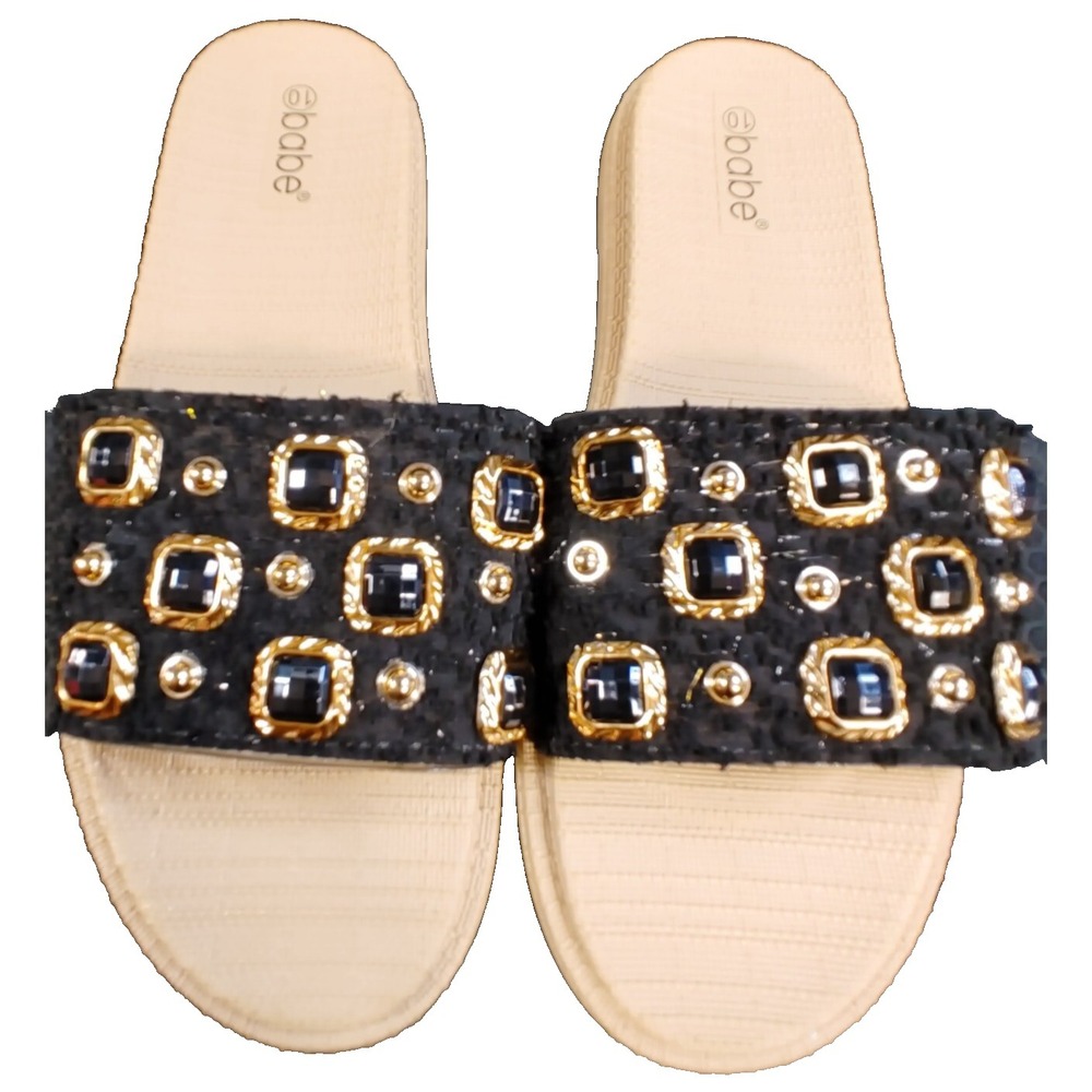Babe Women's Size 10 Tan/Black Rhinestone Jewel Sandals Slides NEW